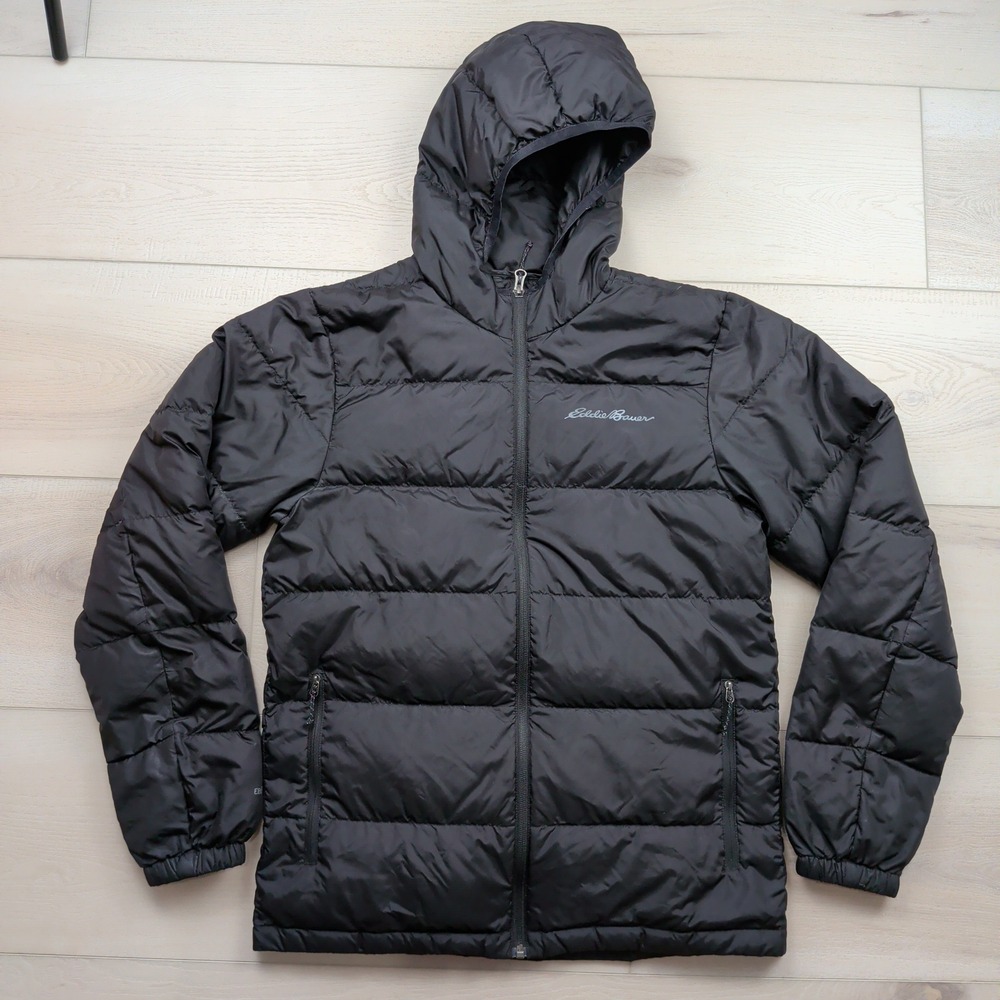 Eddie Bauer Mens Wide Channel Hooded Down Jacket Black EB650 Puffer Small